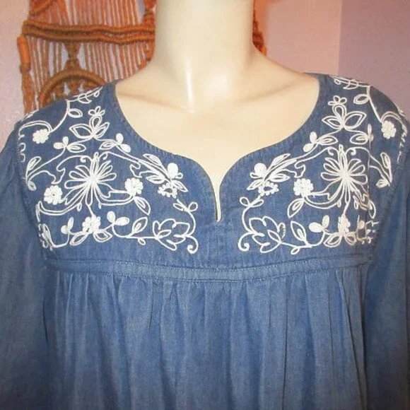 Go Softly Denim Dress Size 3X Pockets Embroidered Tradwife Cottage House Casual - Picture 2 of 10